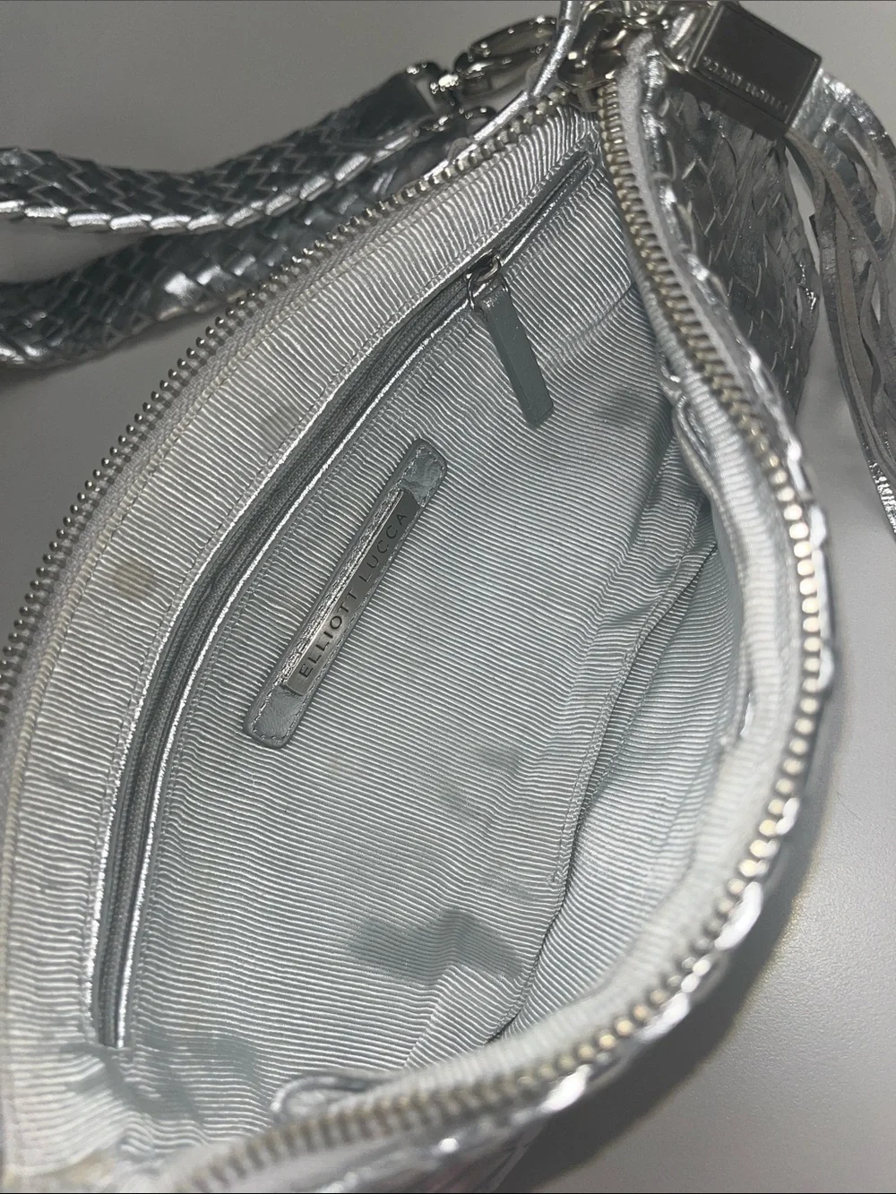 Elliott Lucca Silver Woven Metallic Clutch wTassel Removable Strap